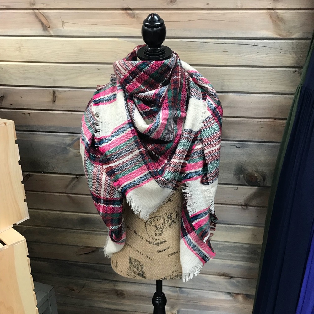 Hot Pink, Navy and White Blanket Scarf